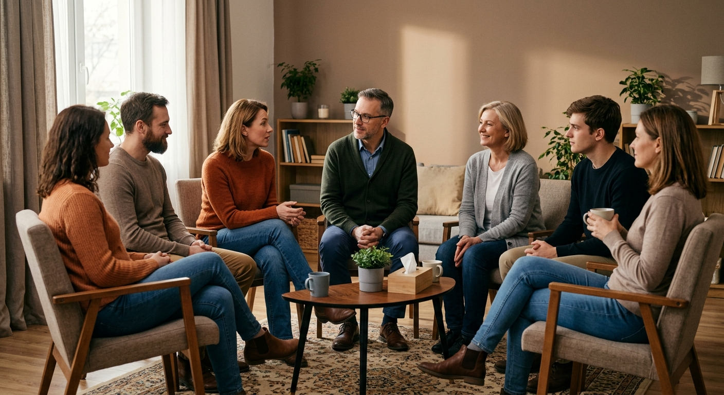 Психотерапевт проводит групповую терапию при лечении наркомании